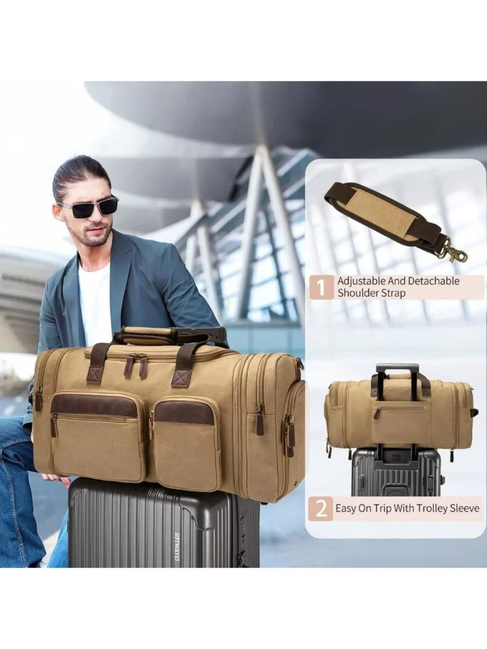 Spacious 60L Canvas Duffle Bag for Travel, Expandable Overnight Weekender Tote